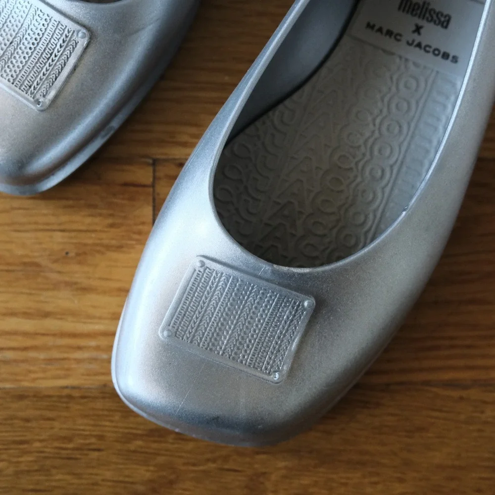 Marc Jacobs Melissa Ruby Ballerina Flats Silver Square Toe Melflex Shoes Size 9